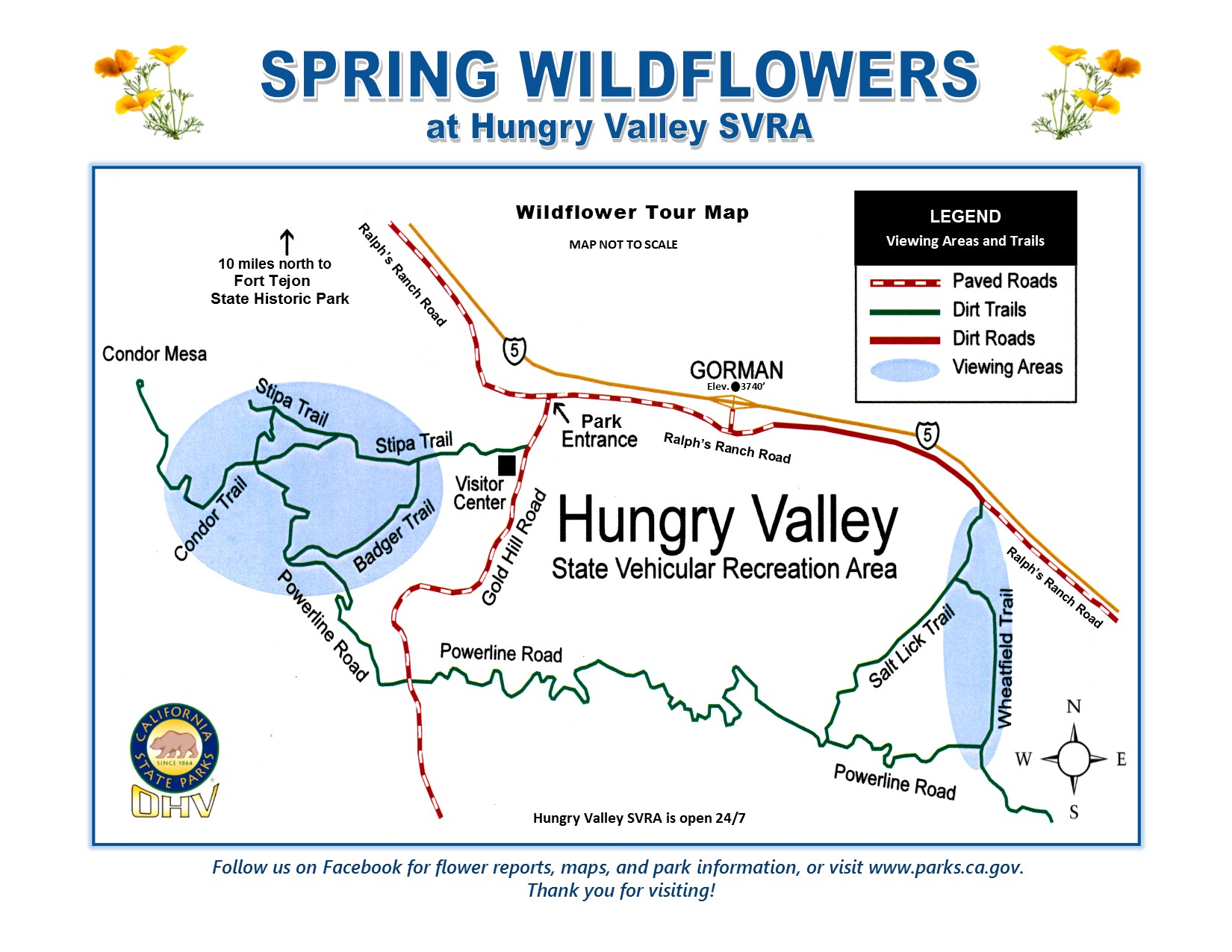 Map Titled: Spring Wildflowers at Hungry Valley. Map depicts wild flower viewing areas at Hungry Valley State Vehiculare Recreation Area. The larger viewing area depicted is located in the vicinity of Stipa trail, Condor trail, Powerline Road, and Badger trail west of Gold Hill Road. A smaller viewing area is located along Wheatfield Trail at the east end of the park. The map depicts Paved and dirt roads, and dirt trails.